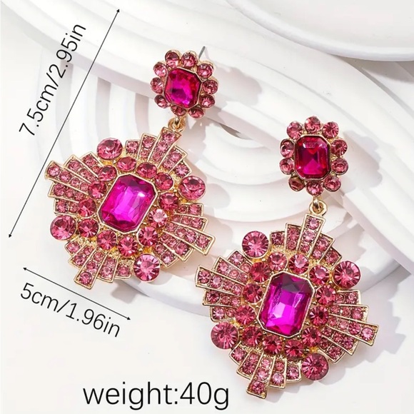 🔥 Clearance 🔥 Pink Rhinestone Rhombus Dangle Earrings - Picture 3 of 4